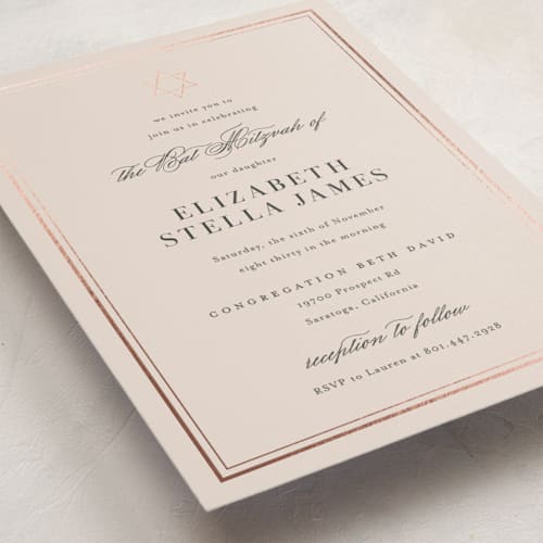 This is a barely blush bar mitzvah bat mitzvah invitations with foil pressed by Jennifer Postorino called polished printing on signature in standard