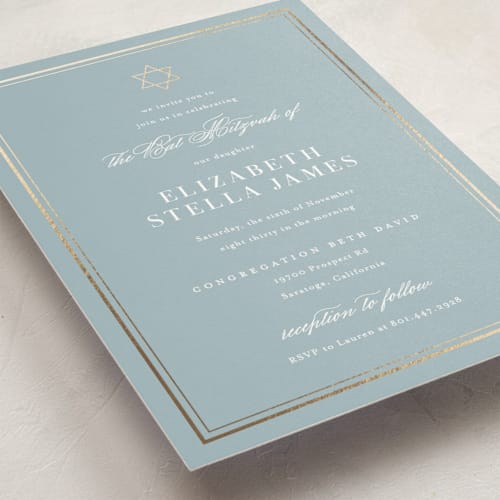 This is a powder blue bar mitzvah bat mitzvah invitations with foil pressed by Jennifer Postorino called polished printing on signature in standard