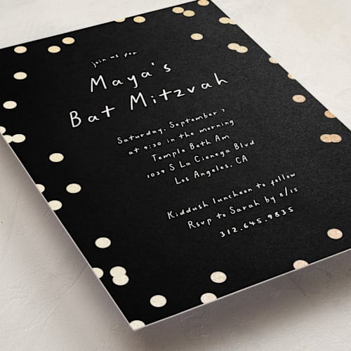This is a midnight bar mitzvah bat mitzvah invitations with foil pressed by Erin L. Wilson called simple confetti printing on signature in standard