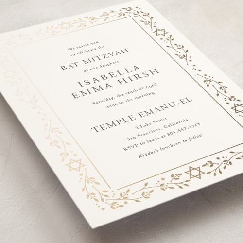 This is a snow bar mitzvah bat mitzvah invitations with foil pressed by Ana de Sousa called hanukkah star printing on signature in standard