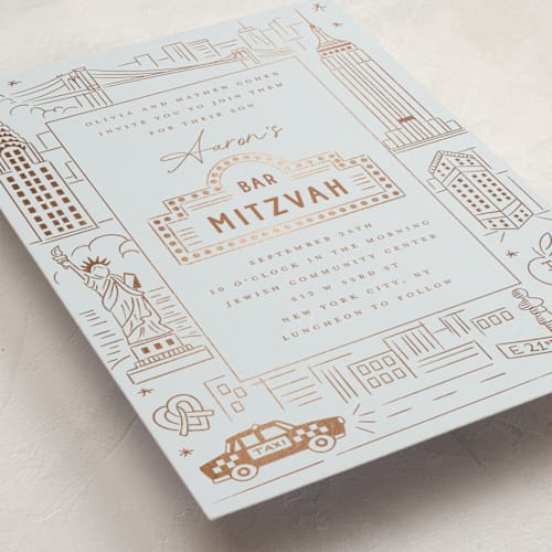 This is a sky bar mitzvah bat mitzvah invitations with foil pressed by Teju Reval called gilded nyc printing on signature in standard