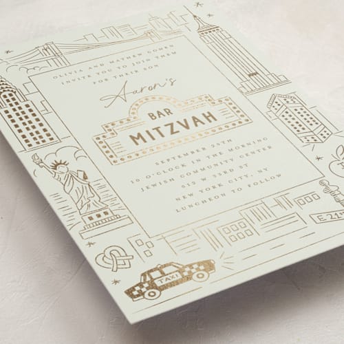This is a forest bar mitzvah bat mitzvah invitations with foil pressed by Teju Reval called gilded nyc printing on signature in standard