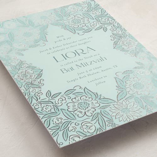 This is a mint bar mitzvah bat mitzvah invitations with foil pressed by Simona Camp called blooming mitzvah printing on signature in standard
