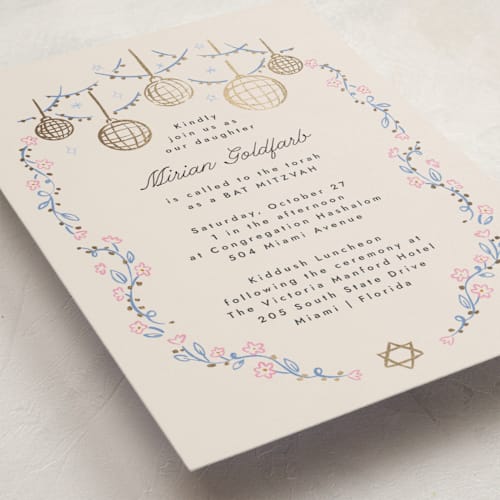 This is a peony bar mitzvah bat mitzvah invitations with foil pressed by Pati Cascino called disco flower printing on signature in standard