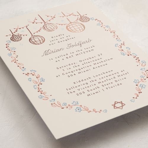 This is a bluebell bar mitzvah bat mitzvah invitations with foil pressed by Pati Cascino called disco flower printing on signature in standard