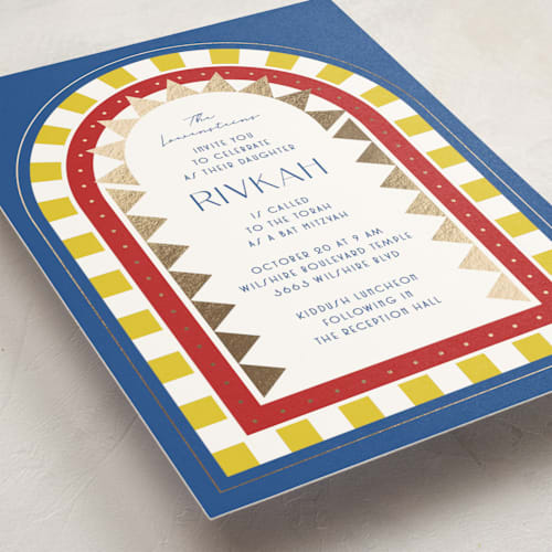 This is a cornflower bar mitzvah bat mitzvah invitations with foil pressed by Becky Nimoy called hollywood deco printing on signature in standard