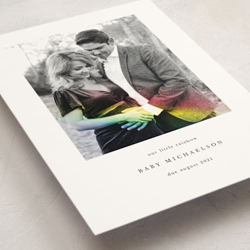 This is a rainbow pregnancy announcements with standard by Maria Hilas-Louie called rainbow light printing on triplethick in standard