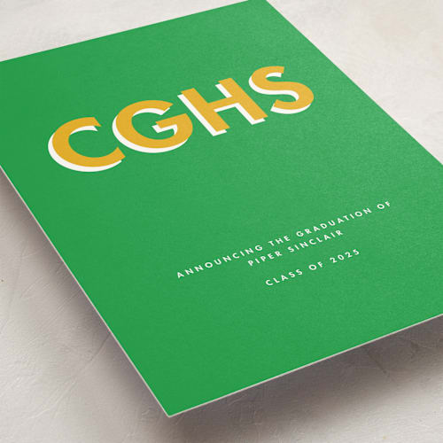 This is a grass graduation announcements with standard by mo kelley called bold initials printing on signature in standard