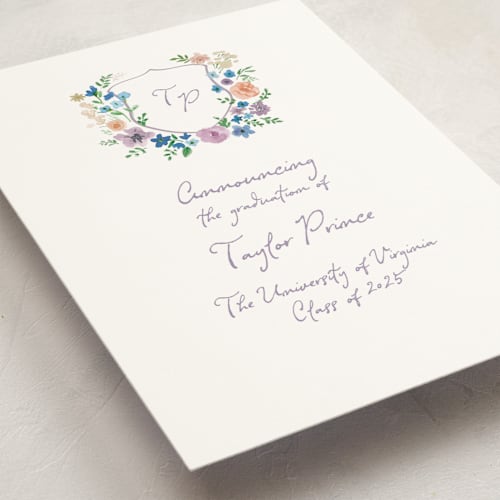 This is a lavender graduation announcements with standard by Cass Loh called wildflowers crest printing on signature in standard