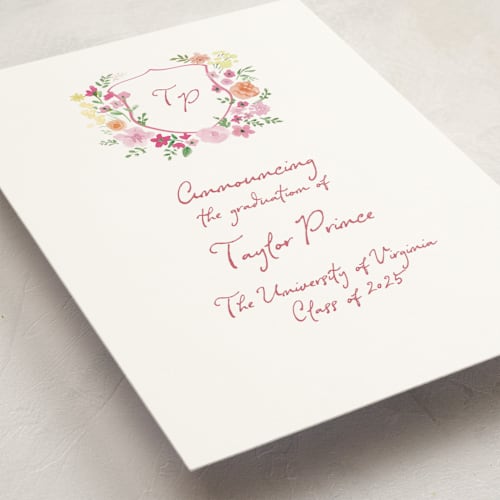 This is a garden rose graduation announcements with standard by Cass Loh called wildflowers crest printing on signature in standard