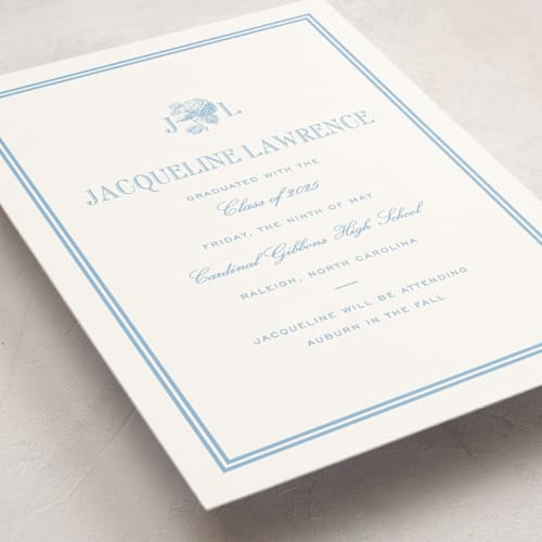 This is a sky blue graduation announcements with standard by Megan Davis called cheseapeake printing on signature in standard