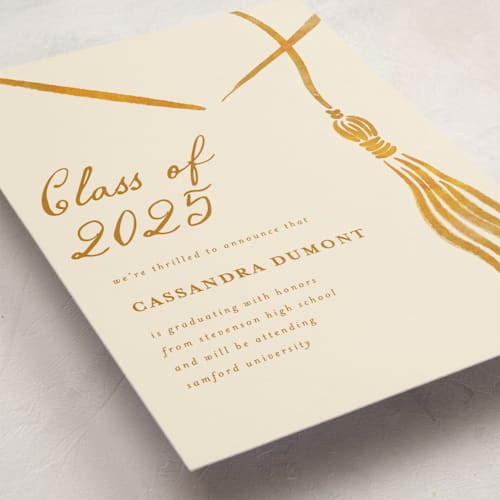 This is a aureate graduation announcements with standard by Jamie Alexander called inked printing on signature in standard