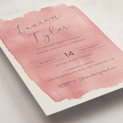 This is a raspberry sweet sixteen birthday party invitations with standard by Kampai Designs called painterly printing on signature in standard