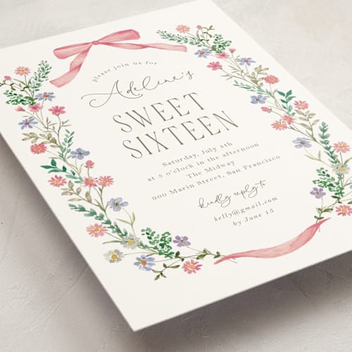 This is a coral sweet sixteen birthday party invitations with standard by Yaling Hou Suzuki called bow garden printing on signature in standard