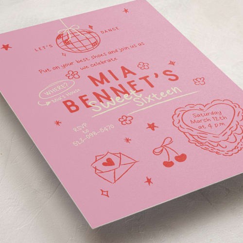 This is a pretty in pink sweet sixteen birthday party invitations with standard by Helena Vitto called dancing queen printing on signature in standard