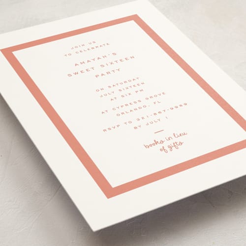 This is a coral sweet sixteen birthday party invitations with standard by Blustery August called marfa printing on signature in standard