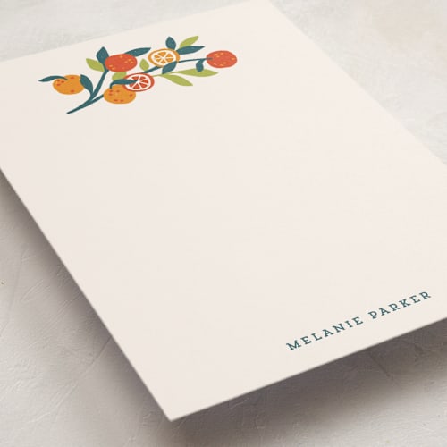 This is a tangerine personalized stationery thank you cards with standard by Rebecca Smith called orange sprigs printing on signature in 5x7