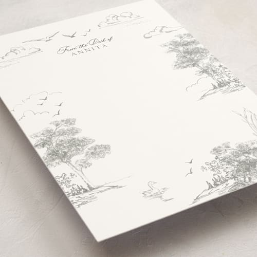 This is a stone personalized stationery thank you cards with standard by Lucrecia Caporale called lake side toile printing on signature in 5x7