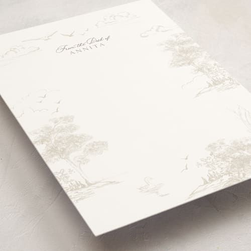 This is a taupe personalized stationery thank you cards with standard by Lucrecia Caporale called lake side toile printing on signature in 5x7