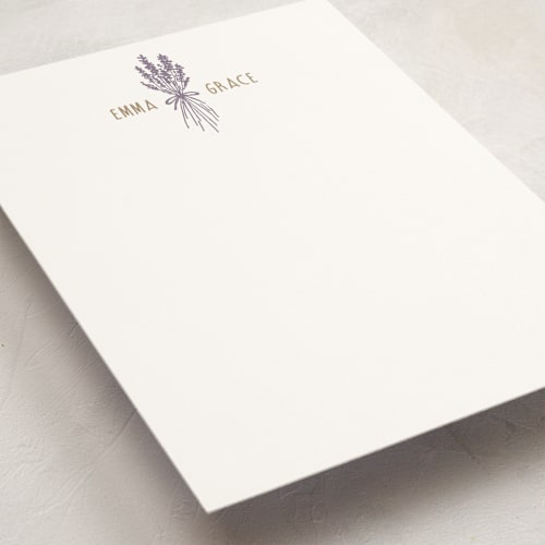 This is a lavender personalized stationery thank you cards with standard by Katie called lavender bouquet printing on signature in 5x7
