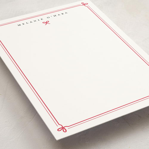 This is a red ribbon personalized stationery thank you cards with standard by Alston Foster called bow border printing on signature in 5x7