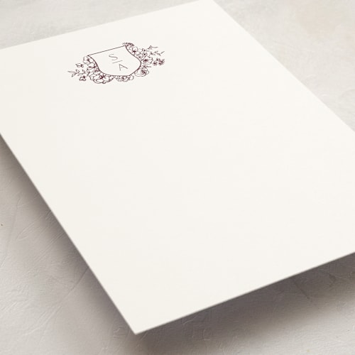 This is a burgundy personalized stationery thank you cards with standard by Cass Loh called floral crest printing on signature in 5x7