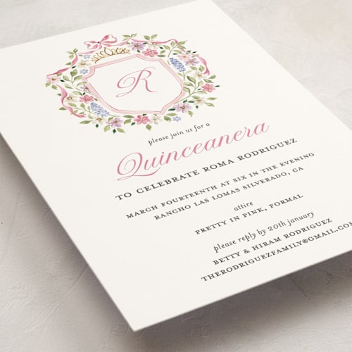 This is a peony sweet sixteen birthday party invitations with standard by Sarah Knight called flores printing on signature in standard
