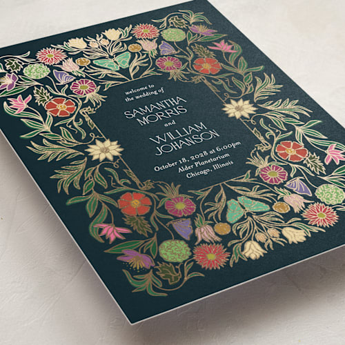 This is a midnight garden unique wedding programs with foil pressed by Simona Camp called gilded tapestry printing on signature in folded