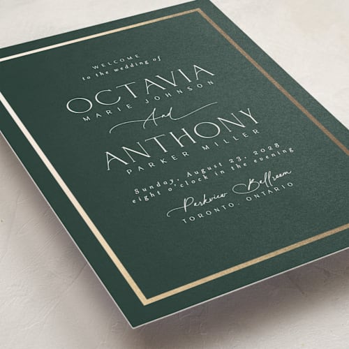 This is a evergreen unique wedding programs with foil pressed by Nicole Walsh called regal printing on signature in folded