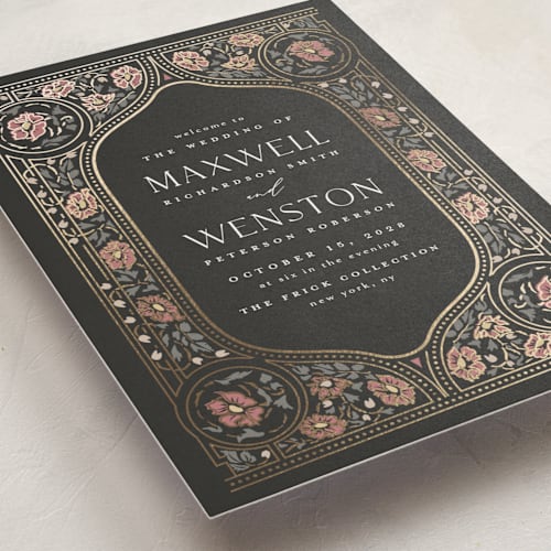 This is a ebony unique wedding programs with foil pressed by Ana de Sousa called timeless nature printing on signature in folded
