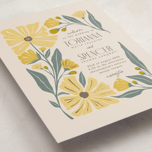 This is a buttercup unique wedding programs with foil pressed by Karidy Walker called storybook garden printing on signature in folded