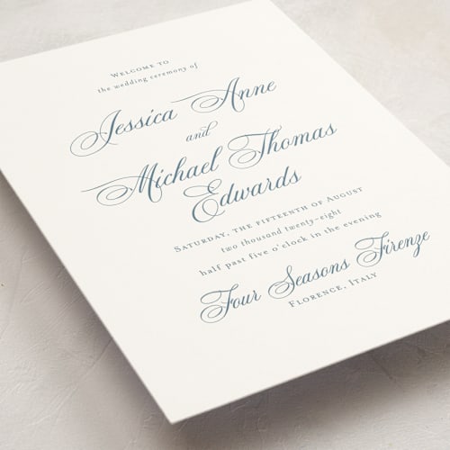This is a dusty blue unique wedding programs with standard by Jennifer Postorino called empire printing on signature in folded