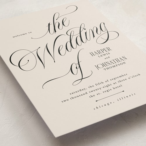 This is a linen unique wedding programs with standard by Kate Ahn called mirin printing on signature in folded