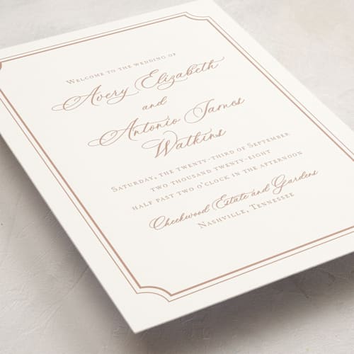 This is a dusty pink unique wedding programs with standard by Jennifer Postorino called avery printing on signature in folded