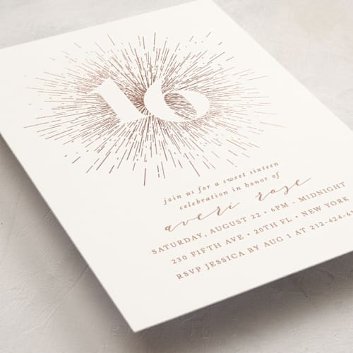 This is a cocoa sweet sixteen birthday party invitations with foil pressed by Ana Sharpe called starburst printing on signature in standard