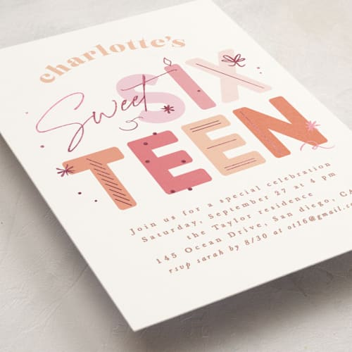 This is a rose sweet sixteen birthday party invitations with foil pressed by Creo Study called sixteen type printing on signature in standard