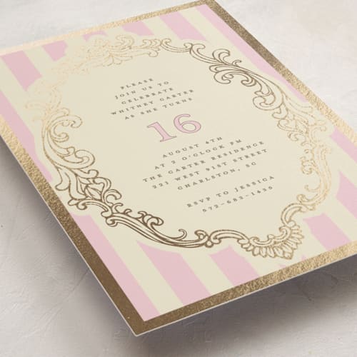 This is a petal sweet sixteen birthday party invitations with foil pressed by Charter Oaks Creative called baroque beauty printing on signature in standard