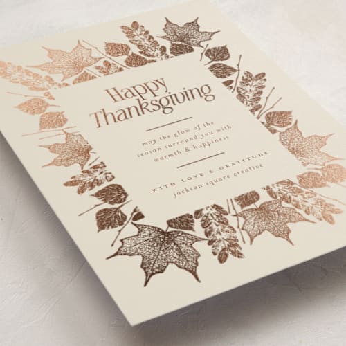 This is a vanilla thanksgiving cards invitations with foil pressed by Heather Schertzer called autumn glow printing on signature in standard