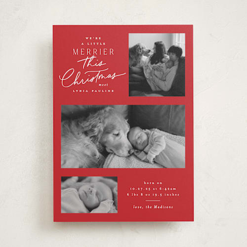 This is a santa suit babys first christmas with standard by Everett Paper Goods called merrier this year printing on recycled smooth signature in standard