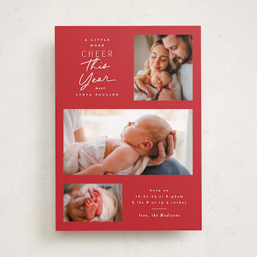 This is a santa suit babys first christmas with standard by Everett Paper Goods called merrier this year printing on recycled smooth signature in standard