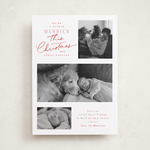 This is a caramel apple babys first christmas with standard by Everett Paper Goods called merrier this year printing on recycled smooth signature in standard