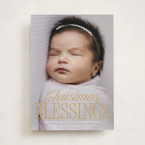 This is a golden babys first christmas with standard by Susan Asbill called blessed welcome printing on recycled smooth signature in standard