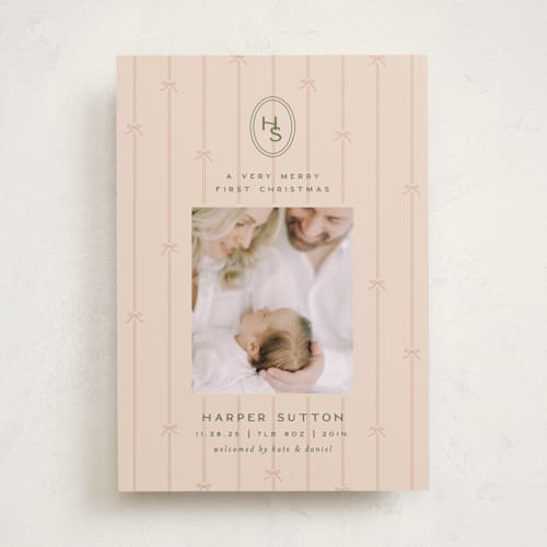 This is a blush babys first christmas with standard by Ellen Schlegelmilch called first christmas monogram printing on recycled smooth signature in standard