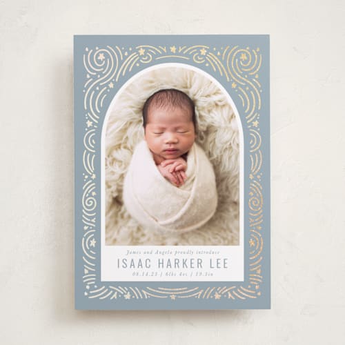 This is a slateblue foil stamped birth announcements with foil pressed by Meggy Masters called star bright printing on smooth signature in standard