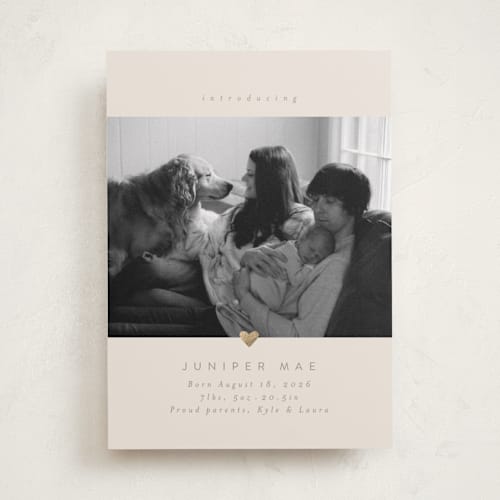 This is a latte foil stamped birth announcements with foil pressed by Carolyn Nicks called love bug printing on recycled smooth signature in standard