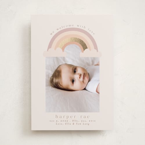 This is a blush foil stamped birth announcements with foil pressed by Angela Thompson called rainbow sky printing on smooth signature in standard