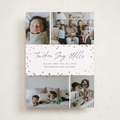 This is a cotton foil stamped birth announcements with foil pressed by Wendy Chung called festive dots printing on smooth signature in standard