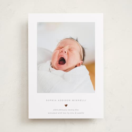This is a charcoal foil stamped birth announcements with foil pressed by Blustery August called heart printing on smooth signature in standard
