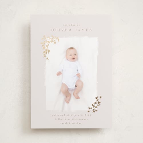 This is a latte foil stamped birth announcements with foil pressed by Kristie Kern called tiny sprigs printing on smooth signature in standard
