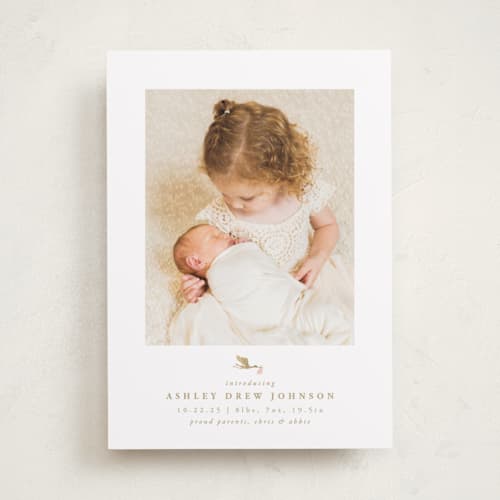 This is a blush foil stamped birth announcements with foil pressed by Carolyn Nicks called new delivery printing on smooth signature in standard